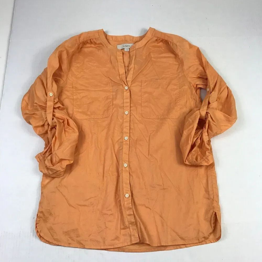 LOFT Womens Cotton Tunic Top Orange Button Down Long Sleeve Roll Tab Shirt Small